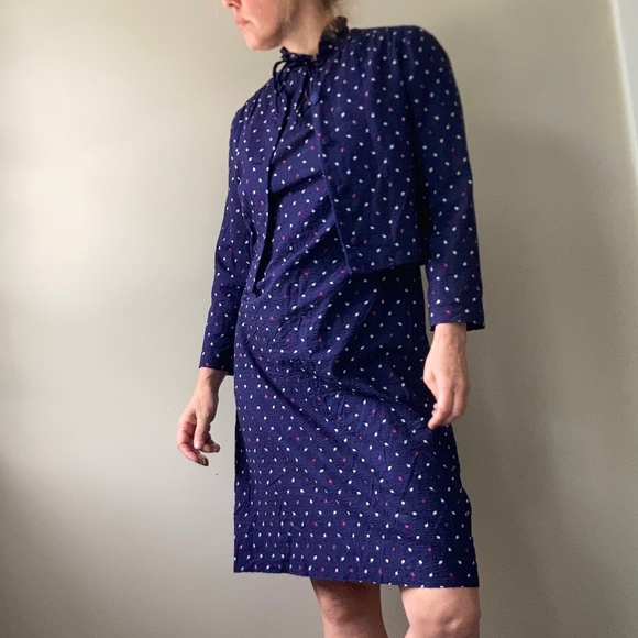 100% cotton vintage seersucker 1970s polka dot dress suit with dress and jacket - Picture 2 of 11